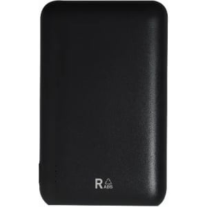 A black portable power bank with a sleek design and a small logo on the front.