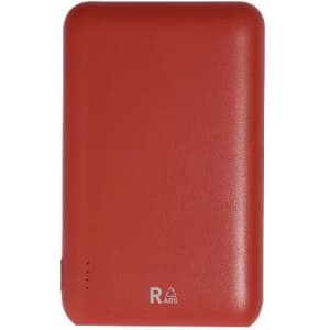 A red power bank with a textured surface and an indicator light. It features a simple branding logo.