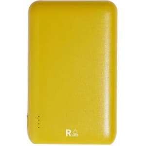 A yellow portable power bank with a smooth finish, featuring a logo and four indicator lights.