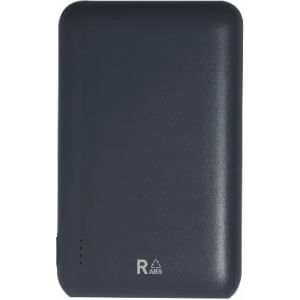 A portable power bank in dark blue with a smooth finish and a small logo at the bottom.