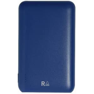 A blue portable battery pack with a smooth finish. It features a logo and indicator lights on one side.