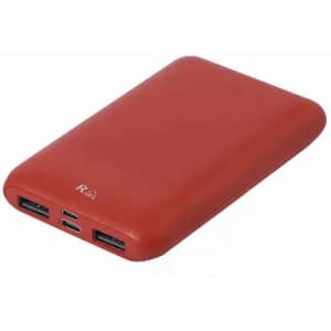 A red power bank featuring multiple ports and a sleek design. It has a small logo on its surface.