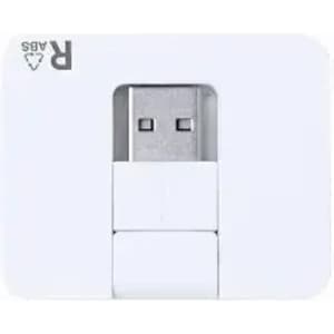 A USB charger in a white casing featuring a logo, with a port for connection and a sliding cover.