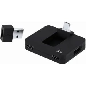 A black USB adapter with multiple ports and a separate USB connector. It includes two USB-C ports and one USB-A port.