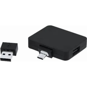 A black multi-port USB adapter with a micro USB connection and a standard USB connector beside it.