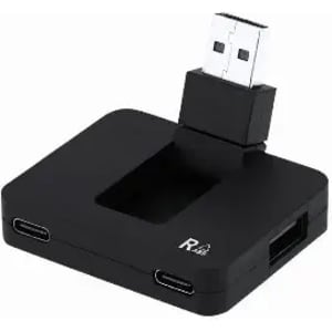 A USB hub in black, featuring multiple USB-C and USB-A ports for connectivity. It has a compact, square design.
