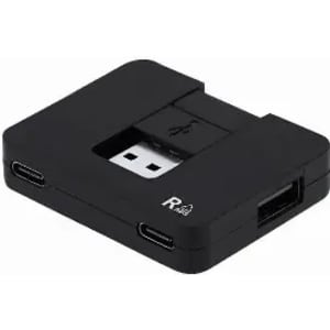 A black USB hub with multiple ports, featuring a compact and sleek design. It has a logo on its surface.