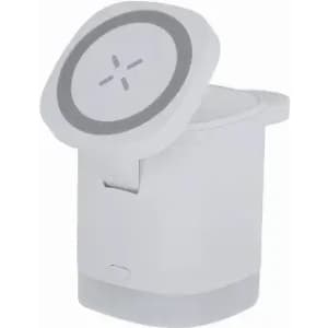 A drink bottle in white with a grey lid, featuring a logo on the front.