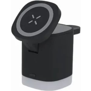 A drink bottle in black and grey with a removable lid and a built-in logo on the surface.