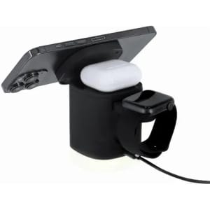 A black multi-device holder with a space for a smartphone, AirPods, and a smartwatch; includes a charging cable.