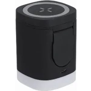 A drink bottle in black and white with a minimalist design and a small logo on the front.