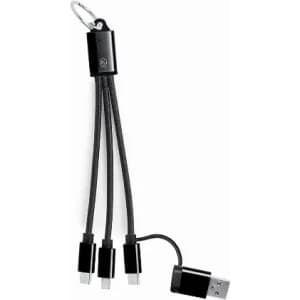A USB multi-cable with three connectors in black, featuring a keychain attachment for portability.