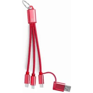 A charging cable organiser in red with multiple connectors and a keyring attachment.