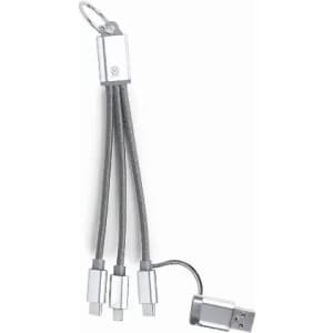 A phone charging cable with three connectors and a keyring attachment, featuring silver and grey colours.