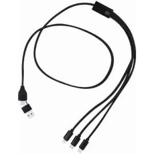 A black charging cable with multiple connectors, featuring a logo on the side.