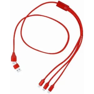 A red multi-charging cable with USB connectors and three separate ports. It features a branded section near the centre.