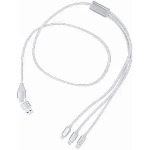 A charging cable with three connectors, featuring a white, braided design. It includes a branding logo.