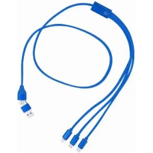 A blue charging cable with multiple connectors, including USB and micro USB, for versatile device charging.