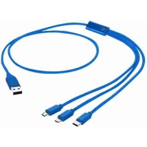 A blue USB cable with three connectors, including micro USB and USB Type-C, suitable for charging and data transfer.
