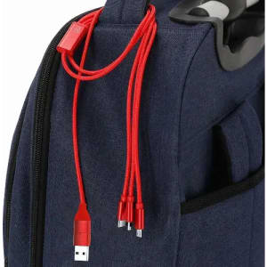 A backpack in navy blue with red charging cables attached, featuring a pocket for storage and a logo.