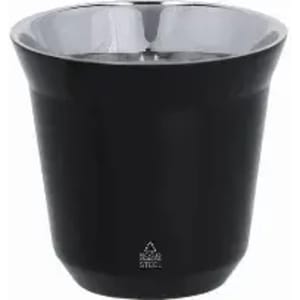 A sleek black drink bottle with a shiny silver inner lining and a curved design. It features a logo on the bottom.