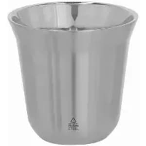 A drink bottle made of shiny stainless steel with a sleek, streamlined design and a rounded top.
