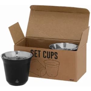 A set of black and silver cups in a brown cardboard box. The cups have a shiny interior and matte exterior.