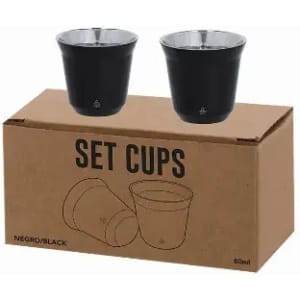 A set of two black drink cups with a silver interior, packaged in a brown box.