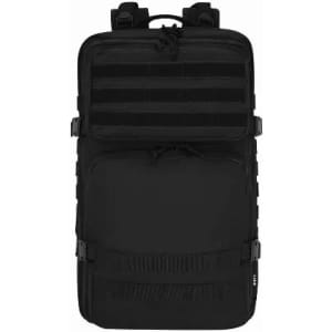A black backpack featuring a textured front and multiple straps for attachment. Includes a logo on the design.
