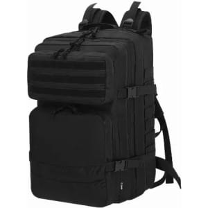 A black backpack with multiple compartments and adjustable straps, featuring a sleek, tactical design.