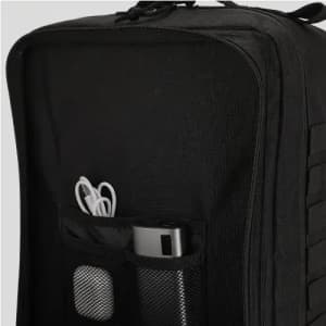 A black backpack with multiple compartments, featuring a mesh pocket with a drink bottle, cables, and a small pouch.