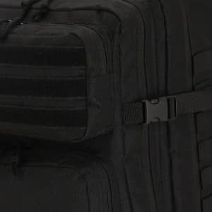 A black backpack featuring multiple zippered compartments and adjustable straps. The material appears durable and textured.