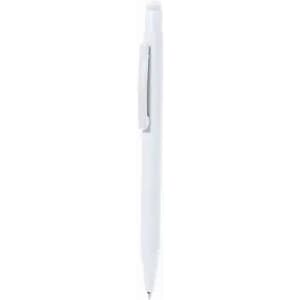 A white pen with a silver clip, featuring a sleek design and a fine writing tip.