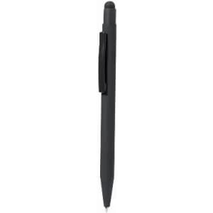 A black pen with a clip and a smooth design, featuring a stylus tip.