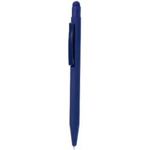 A blue pen with a clip and a rounded top. It has a smooth, sleek design.
