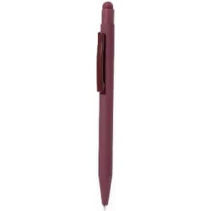 A burgundy pen with a smooth finish and a clip for easy attachment. It features a rounded tip for writing.