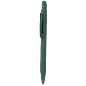 A green pen with a sleek design and a clip on one side. Features a rounded end for writing.