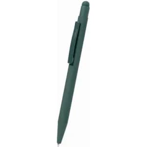 A green pen with a clip, featuring a smooth barrel design and a rounded top.