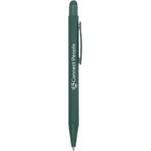 A green pen with a clip and a logo. It has a sleek, minimalist design for writing.