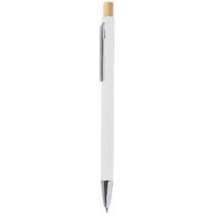 A pen with a white barrel, chrome accents, and a bamboo top, featuring a clip for easy attachment.