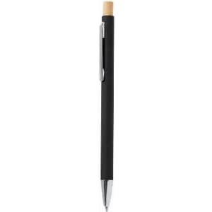 A black pen with a bamboo top and silver clip, featuring a sleek, minimalist design.