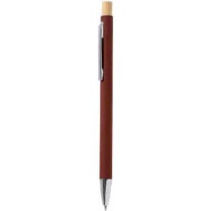 A pen with a brown body, silver clip, and bamboo top, featuring a logo.