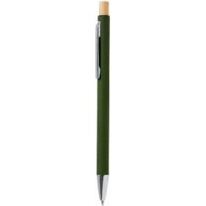 A pen with a green finish and a bamboo accent. It features a clip and a silver tip.