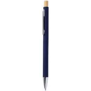 A pen featuring a navy blue barrel and a bamboo top, with a chrome clip and ballpoint tip.