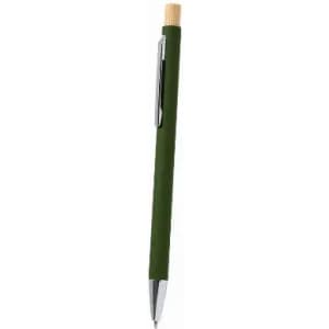 A green pen with a bamboo top and a metal clip. The pen has a sleek design and a silver tip.