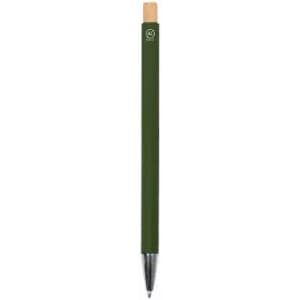 A green pen with a wooden top and a silver tip, featuring a logo on the barrel.