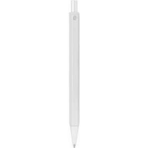 A pen in solid white with a clear, transparent top and a simple design. It features a branding logo.