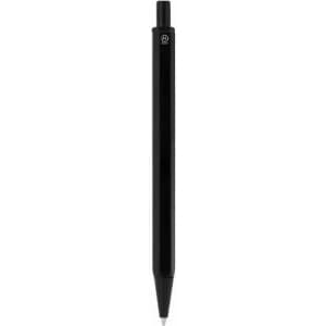A black pen with a smooth, sleek design and a clip. The pen features a logo on its body.