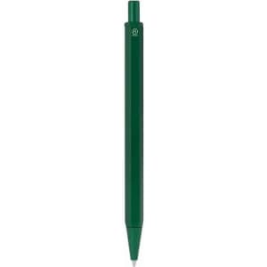 A green pen with a smooth, tapered design and a click mechanism for writing. It has a logo on its body.