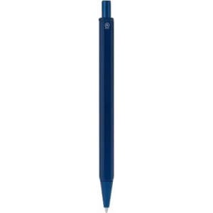 A blue pen with a sleek design and a prominent logo on the upper section.